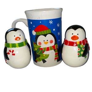 Christmas penguin lot salt and pepper, shakers and mug